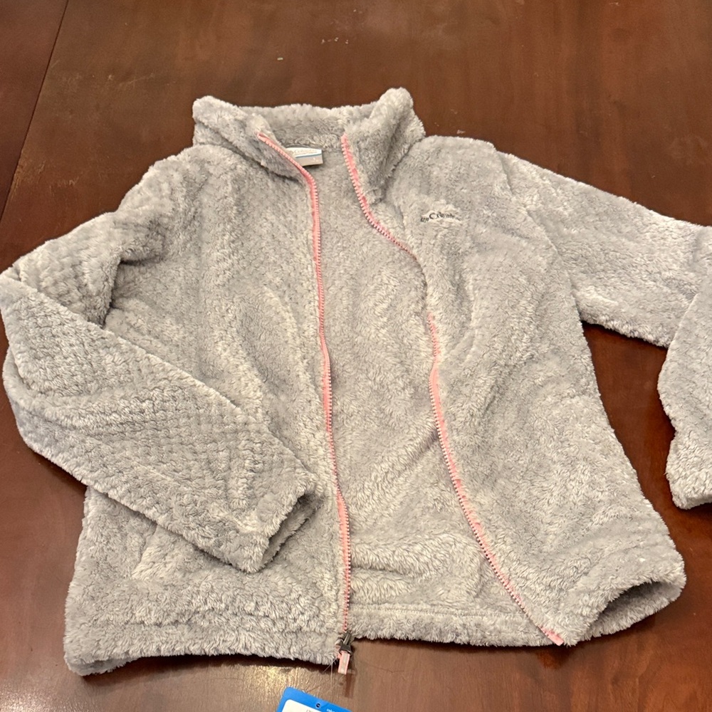 Columbia Soft Gray Fleece Jacket with Pink Trim